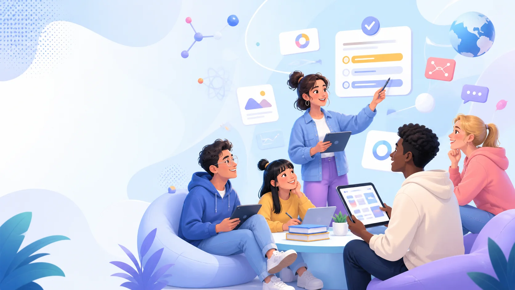 University students and an educator using interactive learning tools together